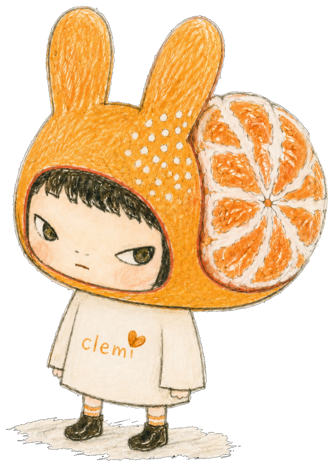 A drawing of Clementine in a clementine hood with rabbit ears